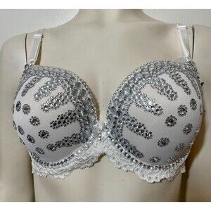 Sweet & Sassy White Bra Icicle Rhinestone Pattern, Size 38C Bachelorette Rave